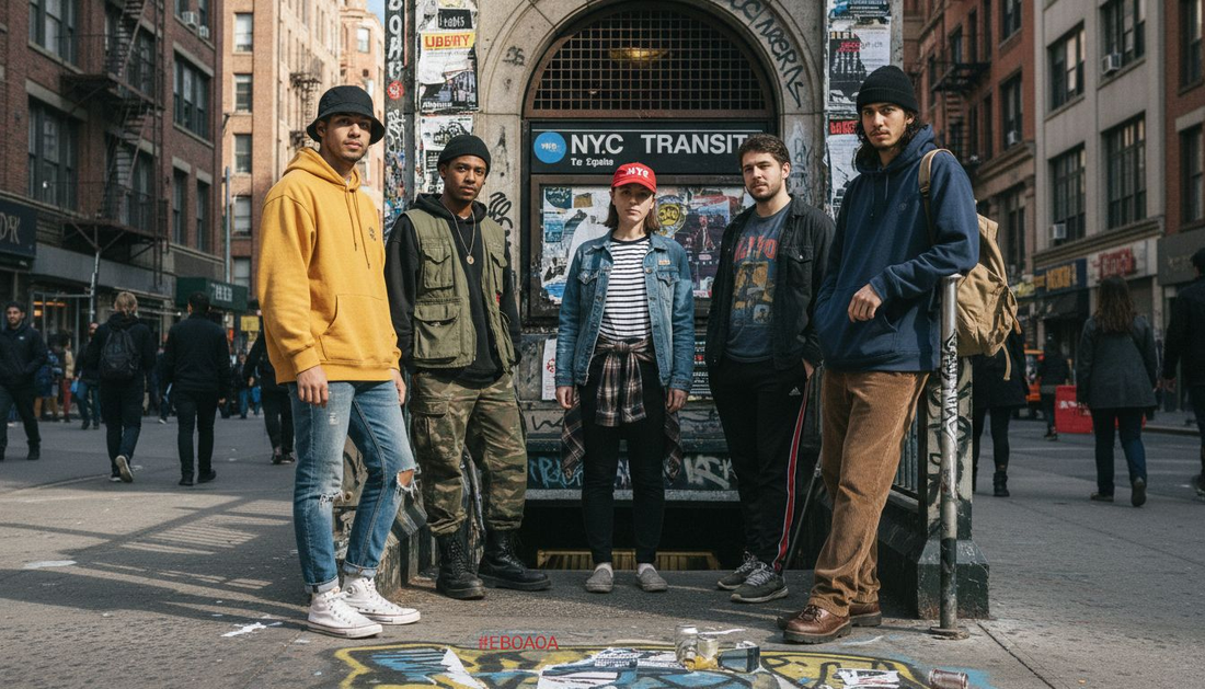 Urban youth in streetwear pose by subway entrance