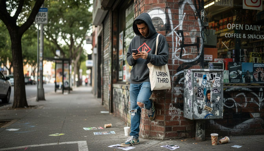 Streetwear-clad man outside urban corner store